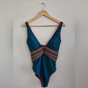 Cupshe Teal One-Piece Swimsuit with Multicolor Crochet Band